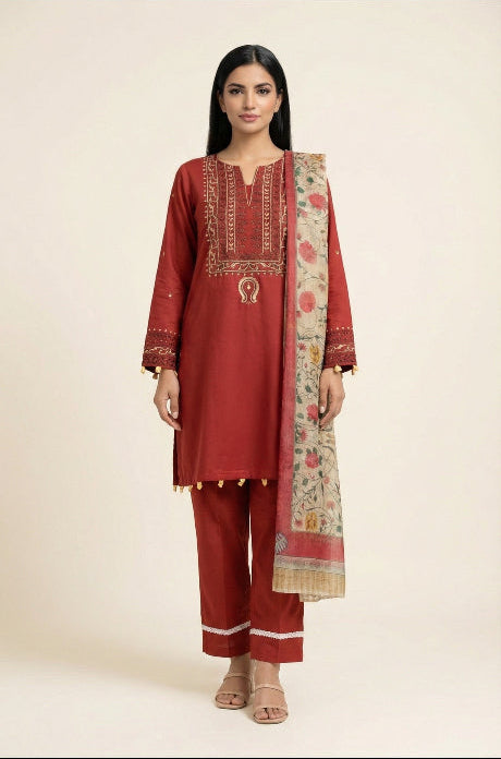 Buy Classic Red Embroidered Lawn 3 Piece Suit Online in Pakistan