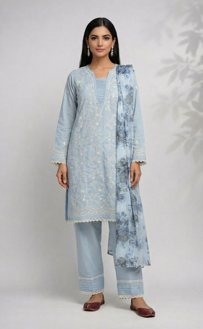 Woman wearing a light blue traditional outfit with a matching dupatta on a white background