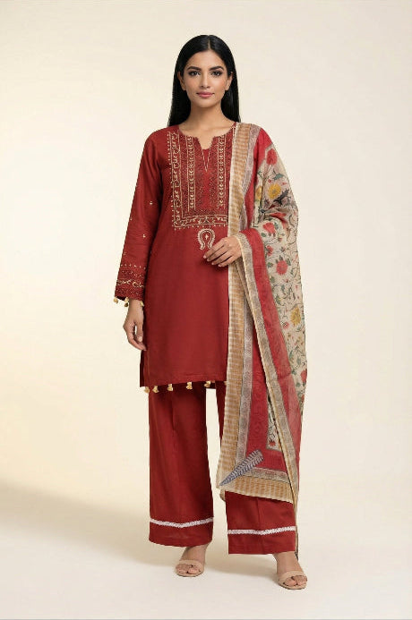 Buy Classic Red Embroidered Lawn 3 Piece Suit Online in Pakistan