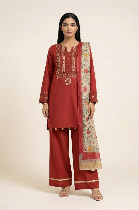 Woman wearing a traditional red outfit with embroidery on a beige background