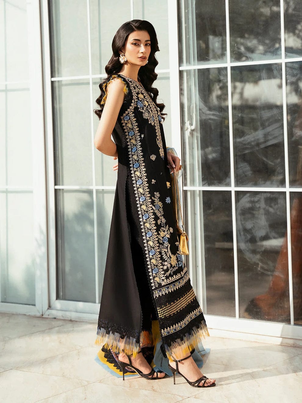 Black Lawn Embroidered 3PC Suit with Silk Dupatta | Summer
