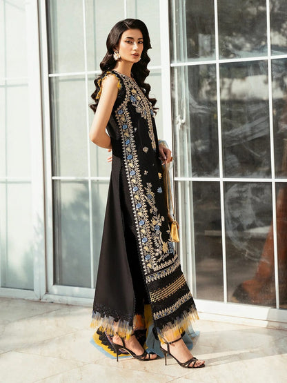 Black Lawn Embroidered 3PC Suit with Silk Dupatta | Summer