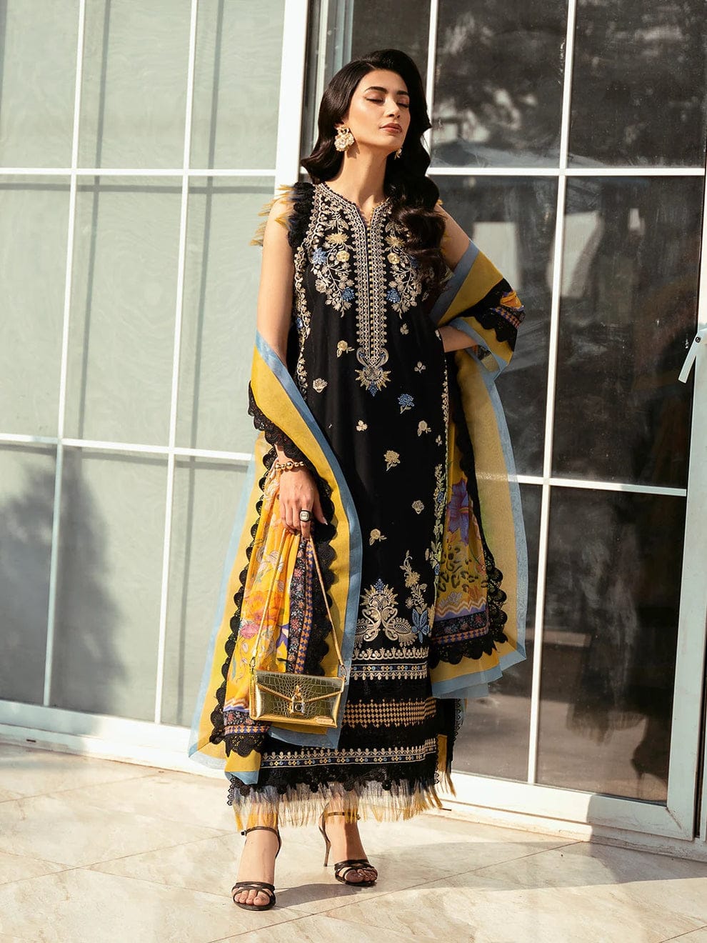 Black Lawn Embroidered 3PC Suit with Silk Dupatta | Summer