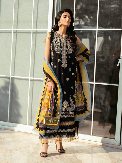 Black Lawn Embroidered 3PC Suit with Silk Dupatta | Summer