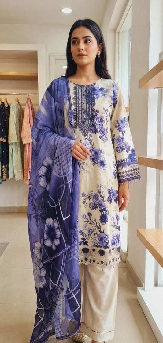 Buy Sky Blue Lawn 3 Piece Stitched Suit Online in Pakistan