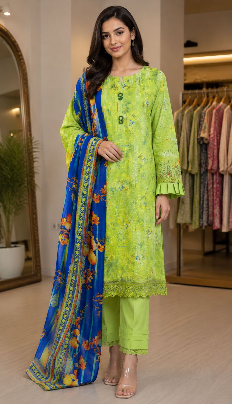 Buy Olive Green Lawn 3 Piece Casual Suit Online in Pakistan
